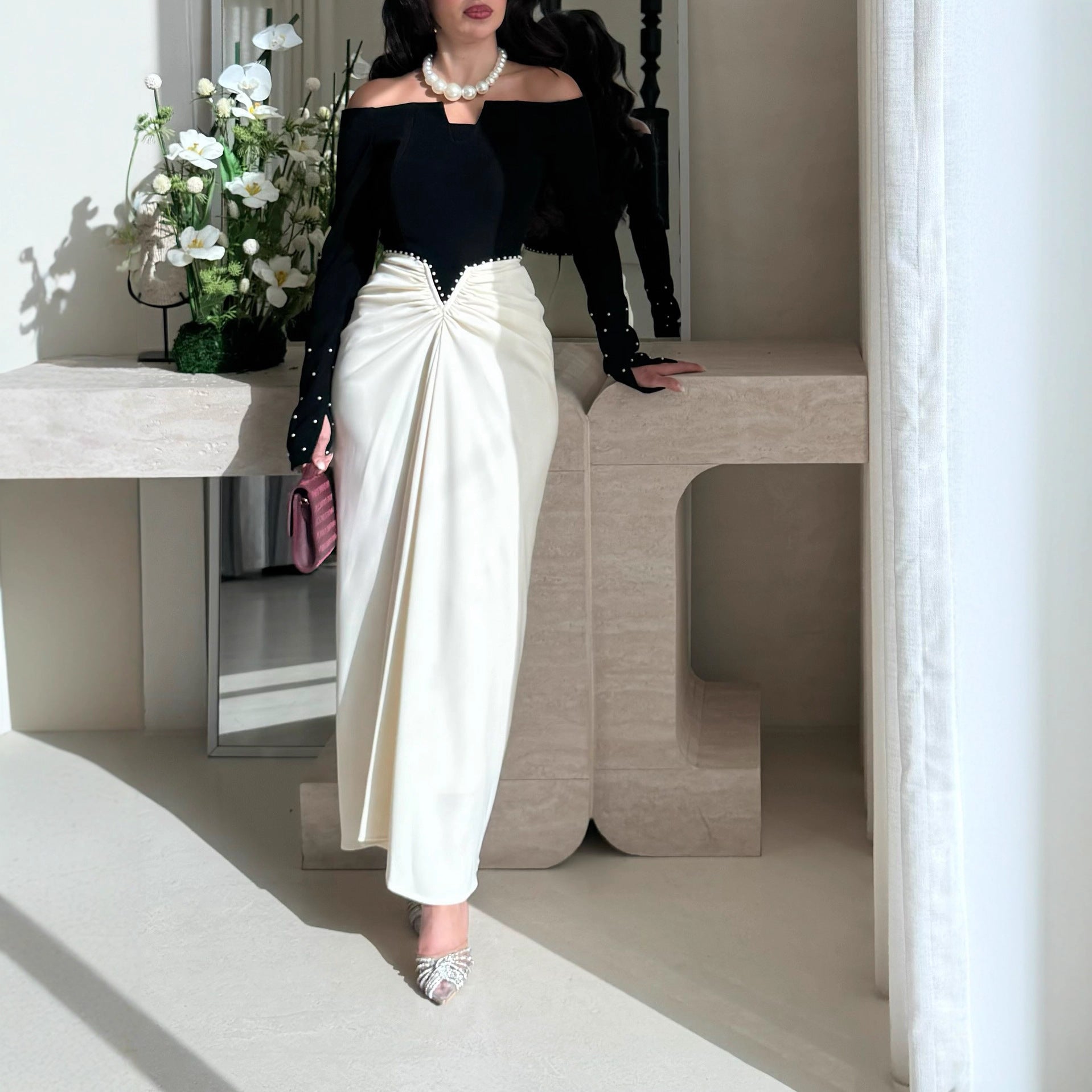 Elegant Sheath Dress With Color-blocking And Pearl Embellishments