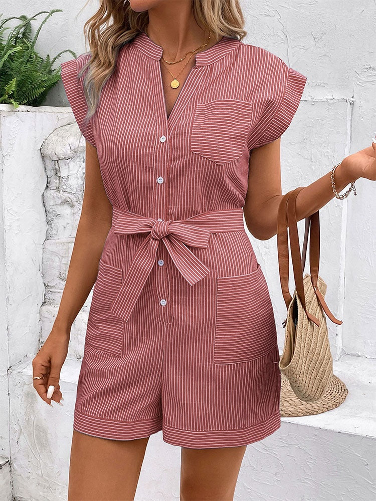 Hot Summer Leisure Commute Jumpsuit Pinstripe Short Sleeve One-piece Shorts